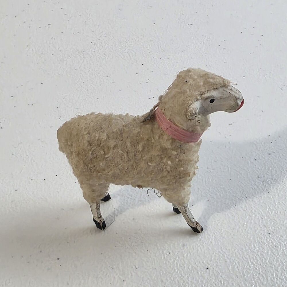 Antique German Putz Stick Leg Sheep 2 1/8" Pink Collar Matchstick Wood Germany - Picture 4 of 7